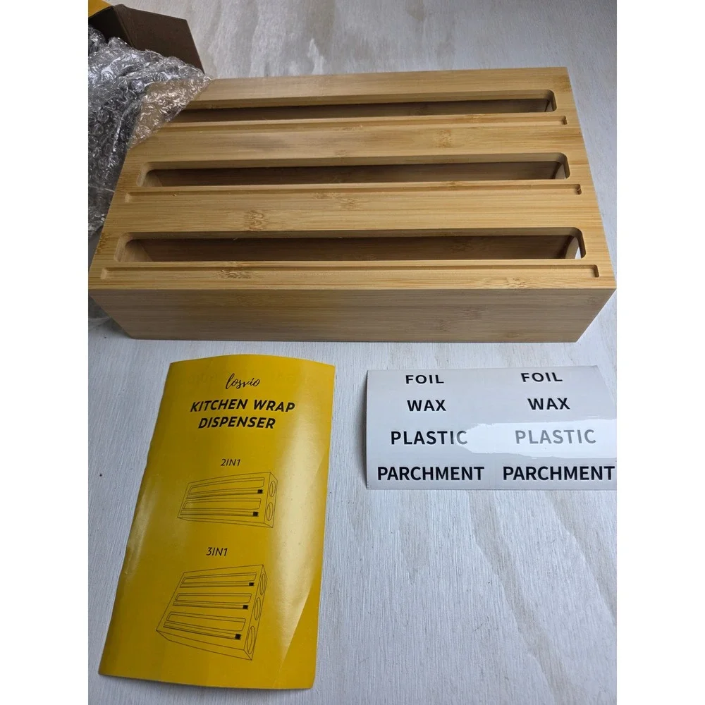 Losvio Bamboo Kitchen Wrap Dispenser 3 in 1 Organizer with Cutter and Labels